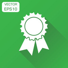 Badge with ribbon icon. Business concept award pictogram. Vector illustration on green background with long shadow.