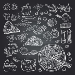 Fototapety  Ilustracje składników pizzy na czarnej tablicy. Zestaw zdjęć kuchni włoskiej
