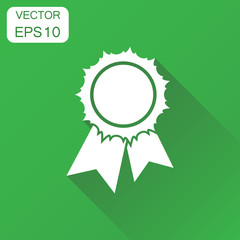 Badge with ribbon icon. Business concept award pictogram. Vector illustration on green background with long shadow.