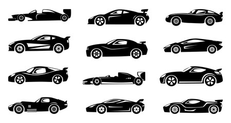 Black silhouette of race cars. Sports symbols isolated