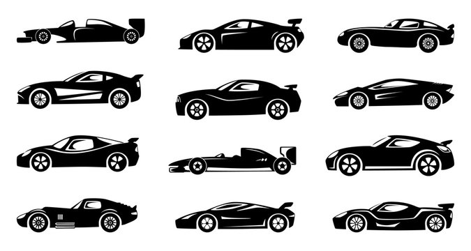 Black silhouette of race cars. Sports symbols isolated