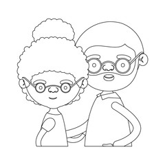 sketch silhouette of half body couple elderly of grandmother with curly bun hair with grandfather with beard and glasses