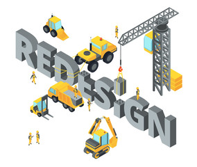 Fototapeta premium Concept illustration with big isometric letters and words. Construction stage with different technics