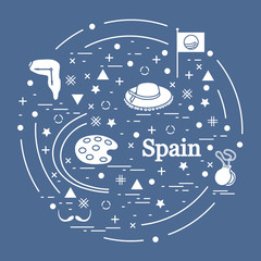 Obraz premium Vector illustration with various symbols of Spain arranged in a circle. Travel and leisure.