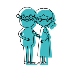 blue watercolor silhouette of full body couple elderly of bald grandfather with beard and glasses with grandmother with bun side hair in dress