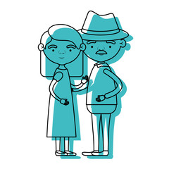 blue watercolor silhouette of full body couple elderly of grandmother with straight medium hair in dress with grandfather with hat and moustache