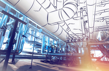 Sketch of piping design mixed with industrial equipment photos