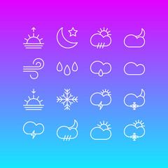 Fototapeta na wymiar Vector Illustration Of 16 Atmosphere Icons. Editable Pack Of Drizzles, Snowflake, Moon Month And Other Elements.