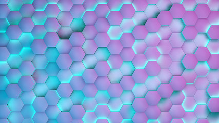 Hexagon textures with blue and purple light. 3D render