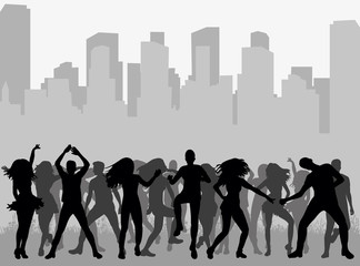 isolated silhouette of people dancing, crowd