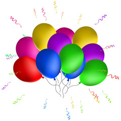 Many colored balls with highlights and ribbons. Happy Birthday card. Vector illustration on white background