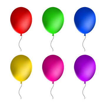 Set of colored balloons with glare and ropes isolated on white background. Vector illustration
