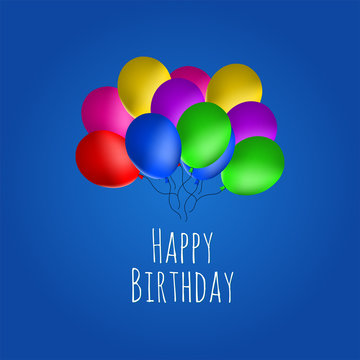 Many colored balls with highlights and ribbons. Happy Birthday card. Vector illustration on blue background