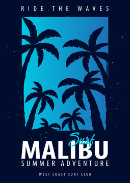 Malibu Surfing graphic with palms. T-shirt design and print.