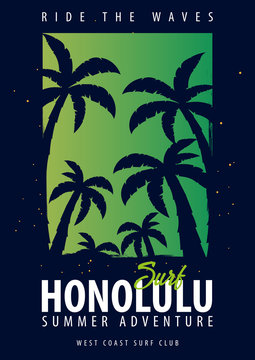 Hawaii, Honolulu Surfing graphic with palms. T-shirt design and print.