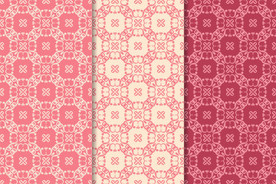 Set of floral ornaments. Cherry red vertical seamless patterns