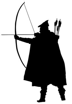 Archer vector silhouette illustration isolated on white background. Robin Hood vector. Traditional hunter in hunting.