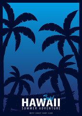 Hawaii Surfing graphic with palms. T-shirt design and print.