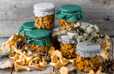 Food in jar, marinated mushrooms on rustic wooden table, home made preserves in cellar