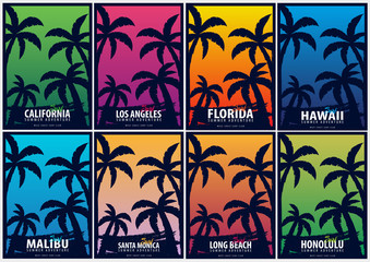 Set of Surfing graphics with palms. T-shirt design and print.