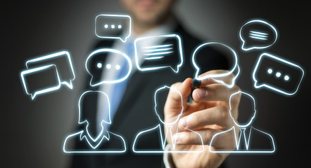 Businessman drawing discussion icons sketch