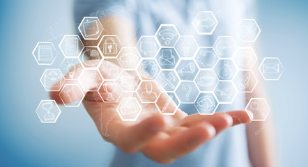 Businessman holding multimedia hand-drawn interface