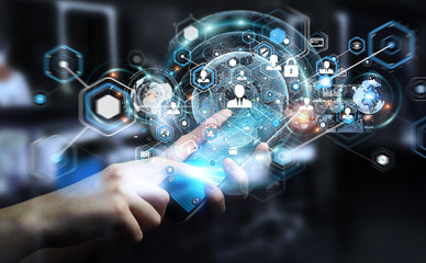 Businessman using social network interface 3D rendering