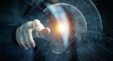 Flying earth network interface activated by businessman 3D rendering