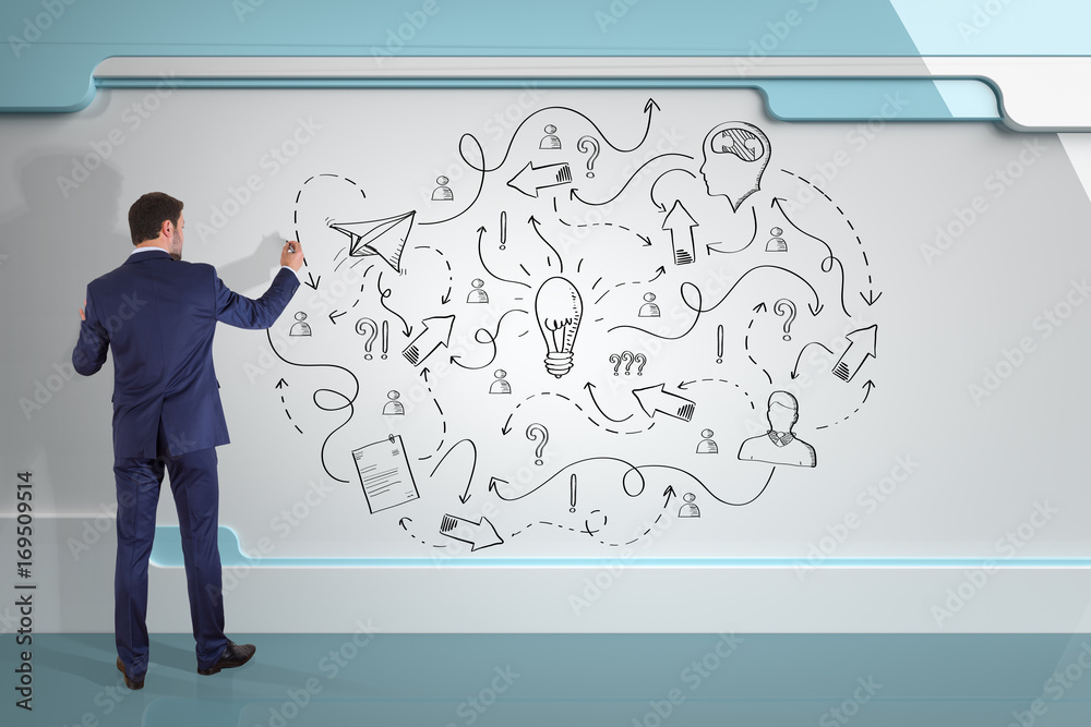 Poster businessman drawing a project sketch on a board 3d rendering