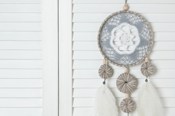 Gray white crochet doily dream catcher