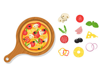 Pizza on the board and the ingredients