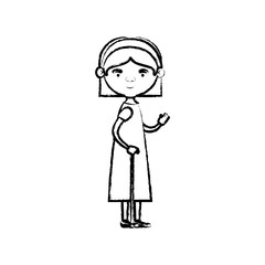 blurred silhouette of full body elderly woman in walking stick with dress and bow lace straight short hairstyle