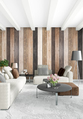 White bedroom minimal style Interior design with wood wall. 3D Rendering. 3D illustration