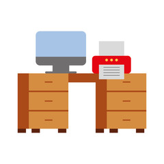 office desk with computer and printer vector illustration design