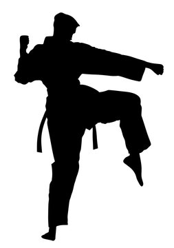 Karate man fighter in kimono, vector silhouette illustration. Black belt category.