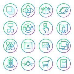Gradient Rounded Line icons for Virtual Reality innovation technologies. Uses of Virtual Reality. On white background.