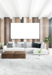 White bedroom minimal Interior design with wood wall and copyspace into an empty frame. 3D Rendering. 3D illustration