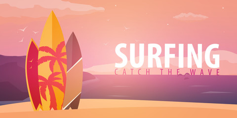 Fototapeta na wymiar Surfing banner and poster. Surfboards on a beach. Surf and summer design.