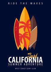 California Surfing graphic with palms. T-shirt design and print.