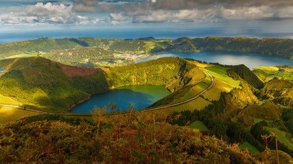 Wide angle shot of the Santiago Lake and Sete Cidades Lake in the island of Sao Miguel, The Azores, Portugal. The archipelago of the Azores is a hidden gem holiday destination in Europe.