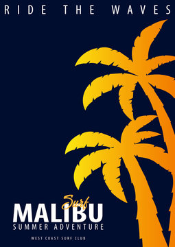 Malibu Surfing graphic with palms. T-shirt design and print.