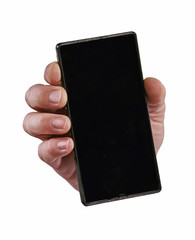 Mano que sujeta el teléfono smart phone en fondo blanco.