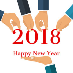 Happy New Year 2018. Team businessmen holding numbers 2018, and text congratulations, greetings. Vector illustration. Isolated on white background.