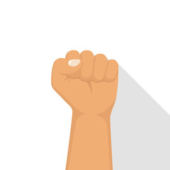 Hand male clenched fist raised to top. Can be used as a winner, revolutionary, a rebel. Show fist. symbol of freedom, force, protest. Vector illustration flat design. Isolated on white background.