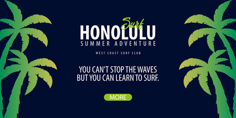 Fototapeta premium Hawaii Surfing graphic with palms. Surf club Vector banner.