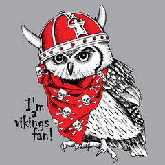 Owl in a red viking helmet with horns and neckerchief with images of skulls. Vector illustration.