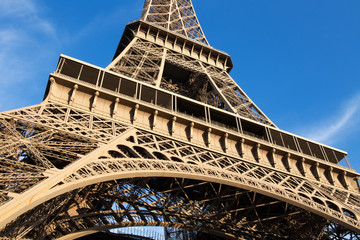 View of the detail of the Eiffel Tower in Paris. France. The Eiffel Tower was constructed from 1887-1889 as the entrance to the 1889 World's Fair by engineer Gustave Eiffel.