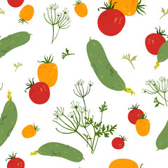 Tomatoes, cucumbers, dill, parsley. Colorful bright seamless pattern with vegetables. Vector illustration.