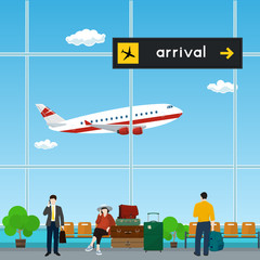 Waiting Room with People at the Airport, View of a Flying Airplane through the Window from a Waiting Room , Scoreboard Arrivals at Airport, Travel Concept, Flat Design, Vector Illustration
