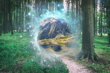 Magical portal between green forest and mountains - obrazy, fototapety, plakaty
